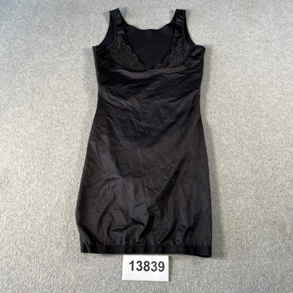 Maidenform Satin Slip Dress Womens Large Black Stretch Lace Trim Built In Brief
